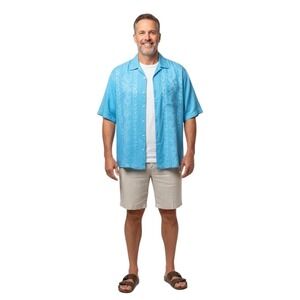 Tommy Bahama 100% Silk Blue Floral Jacquard Short Sleeve Shirt | XL